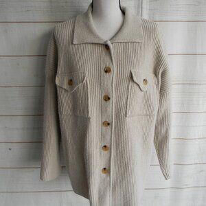ENTRO WM'S BEIGE RIBBED OVERSIZED RELAXED SHACKET SHIRT BUTTON DOWN SZ M